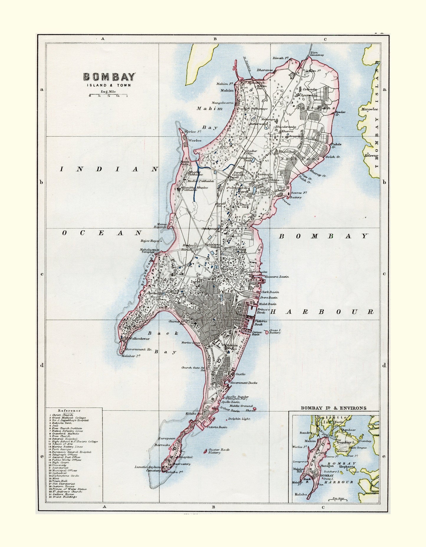 Bombay (Island and Town) Map - Antique Reproduction - Mumbai City Map - India - Available Framed