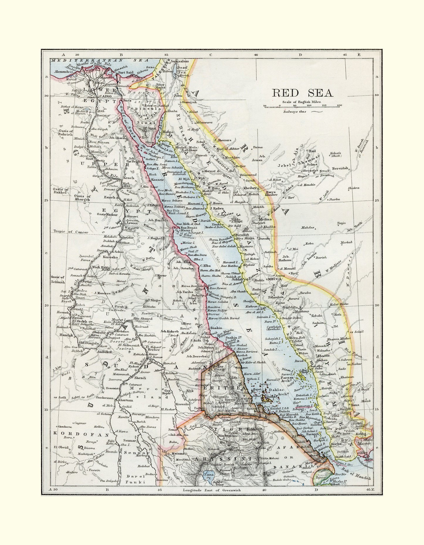 Red Sea Map - Antique Reproduction - Djibouti, Egypt, Eritrea, Saudi Arabia, Yemen, Israel, Sudan, Somalia, Jordan - Available Framed