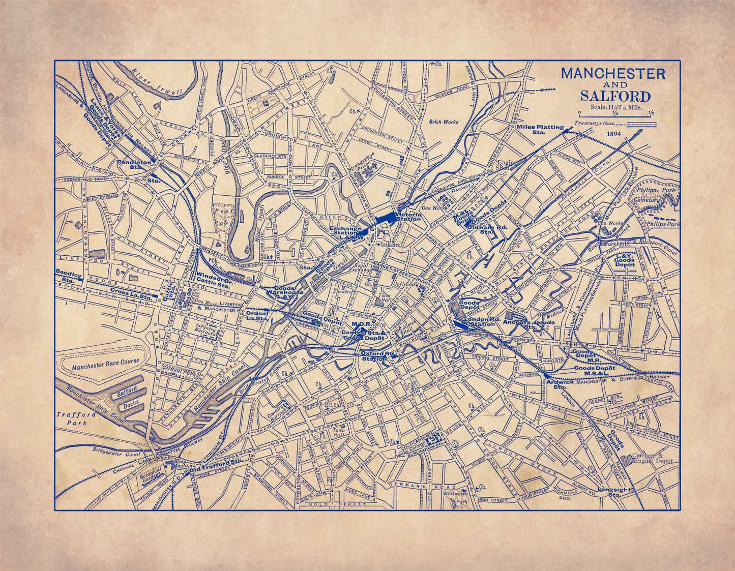 Manchester & Salford Map - Antique Reproduction - City Plan - England - Available Framed