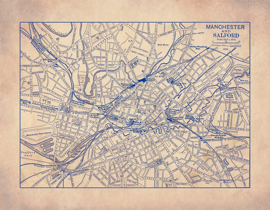 Manchester & Salford Map - Antique Reproduction - City Plan - England - Available Framed