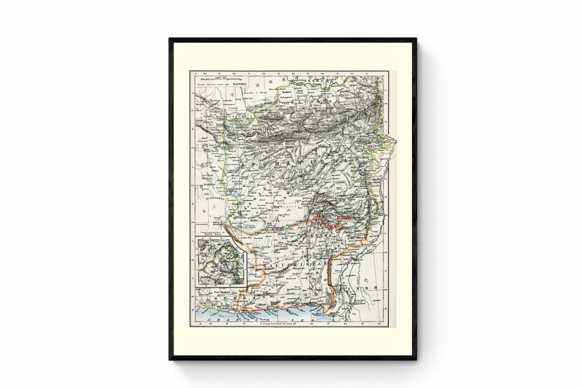 Afghanistan and Baluchistan Map - Antique Reproduction - Balochistan - Pakistan - Iran - Available Framed