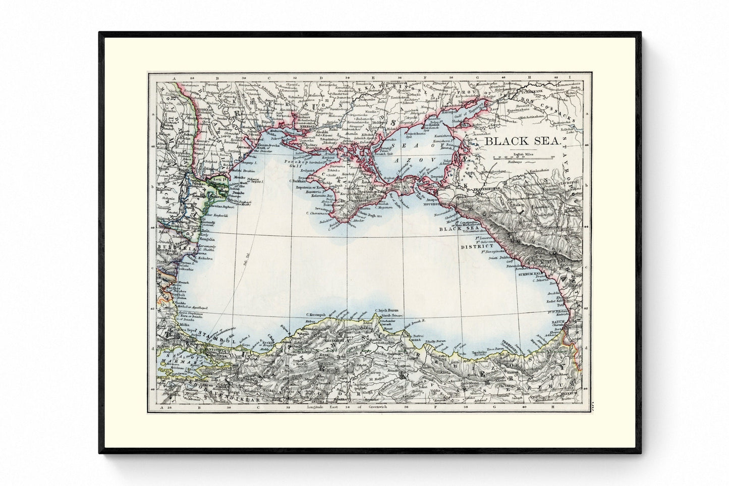 Black Sea Map - Antique Reproduction - Ukraine, Russia, Turkey, Georgia, Bulgaria, Romania - Available Framed