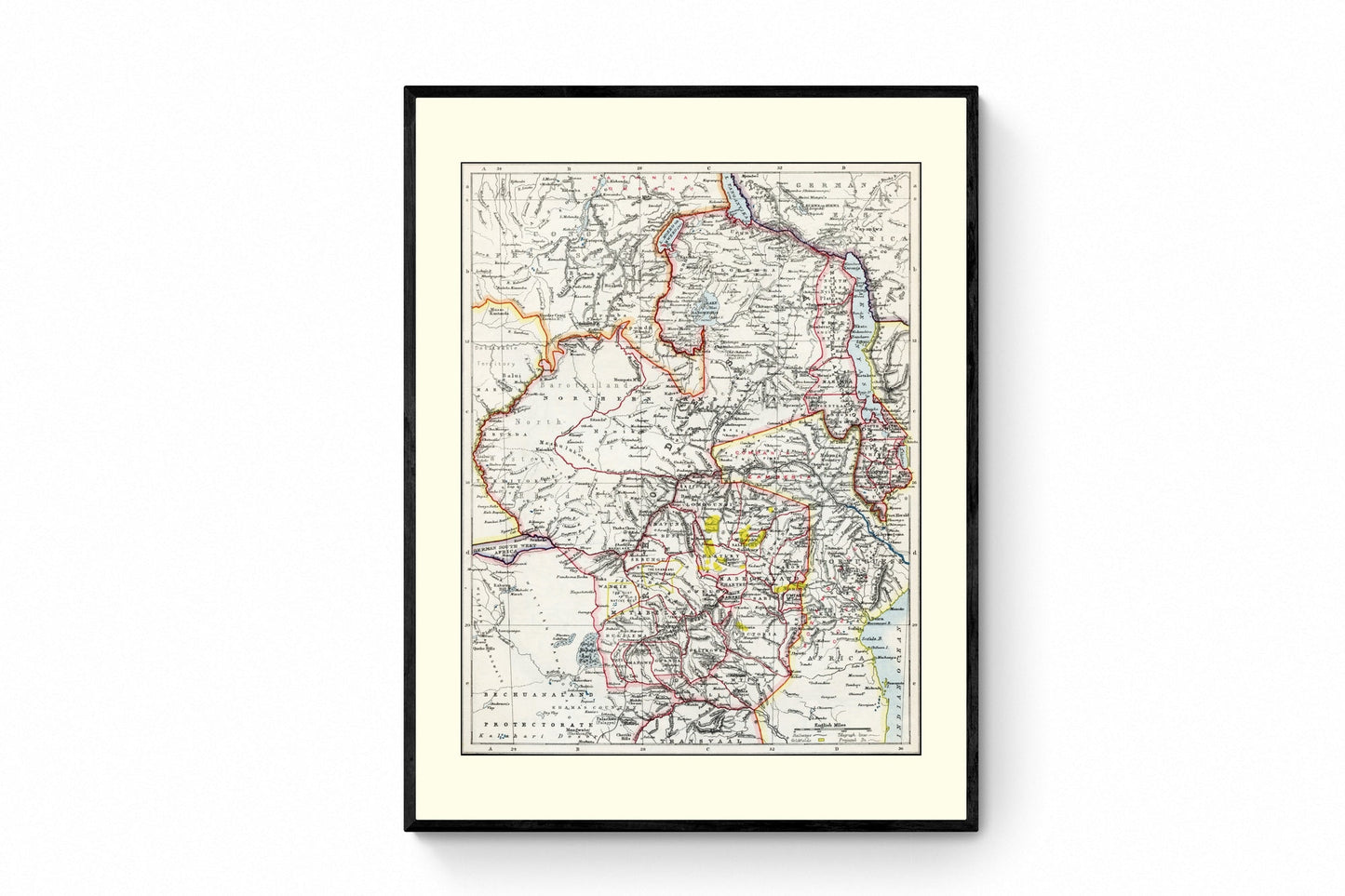 Rhodesia Map - Antique Reproduction - Zimbabwe - Zambia - Africa - Available Framed