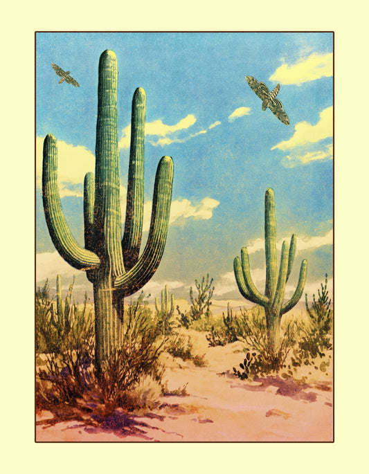 Desert Moths - Antique Art Reproduction - Cactus - Southwestern Decor - Surreal Antique Collage - Retro Wall Decor - Available Framed