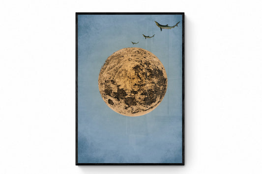 Shark Moon Landing Print - Antique Art Reproduction - Surreal Antique Collage - Vintage Wall Art - Retro Wall Decor - Available Framed