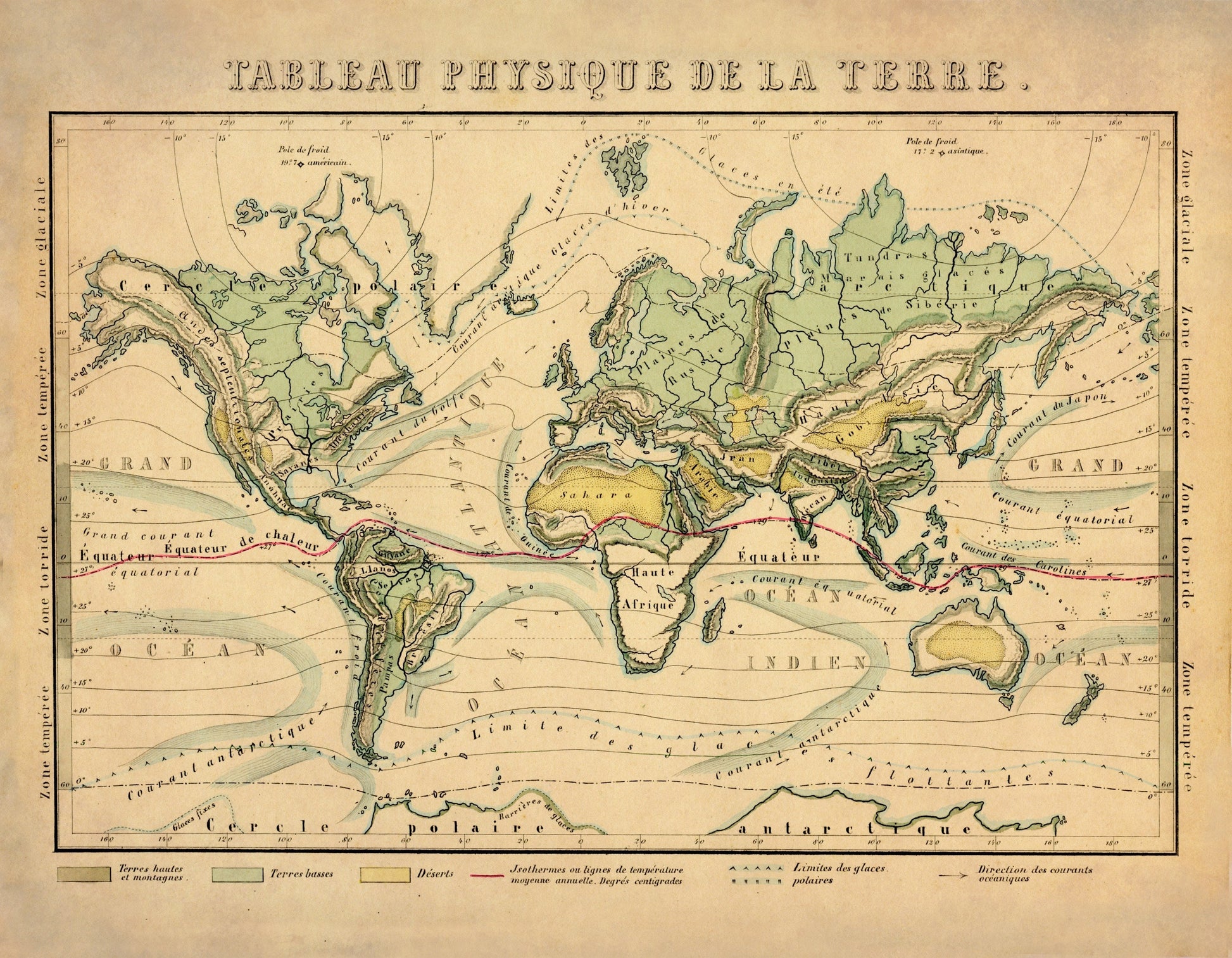 World Map showing Geographical Features, Climates, Ocean Currents - Antique Reproduction - datred 1858 - Large Wall Map - Available Framed