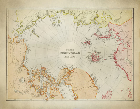 North Circumpolar Regions Map - Antique Reproduction - dated 1882 - Arctic Circle - North Pole - Polar Exploration - Available Framed