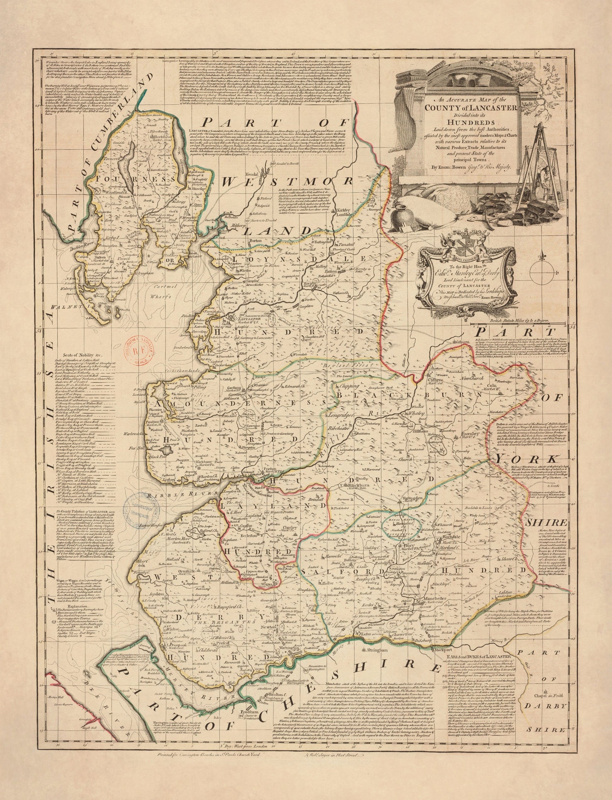 Lancashire Map dated 1749 - Antique Reproduction - Emanuel Bowen - Detailed County Map - Available Framed