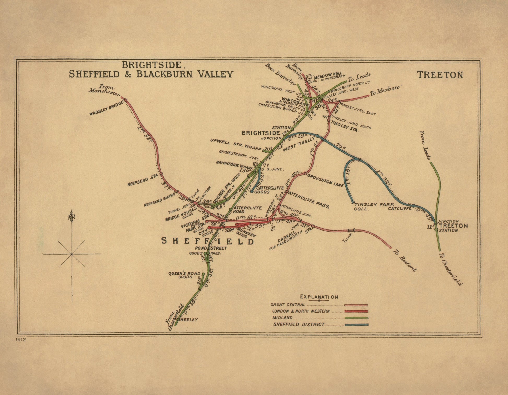 Railway Map - Brightside, Sheffield & Blackburn Valley 1912-14 - Antique Reproduction - Yorkshire - Lancashire - Available Framed