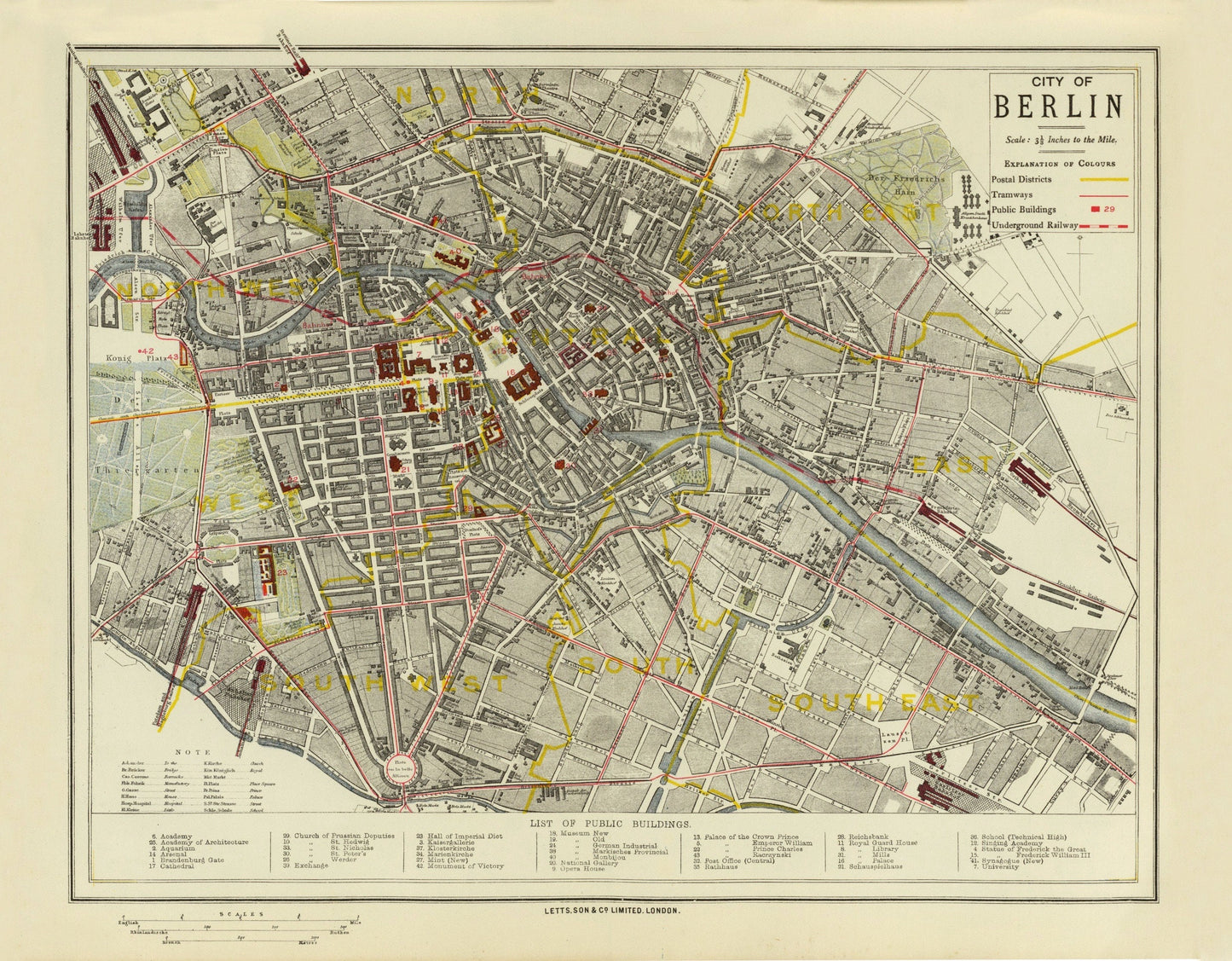 City of Berlin Map dated 1883 showing postal districts, tramways, underground railway - Antique Reproduction - Germany - Available Framed