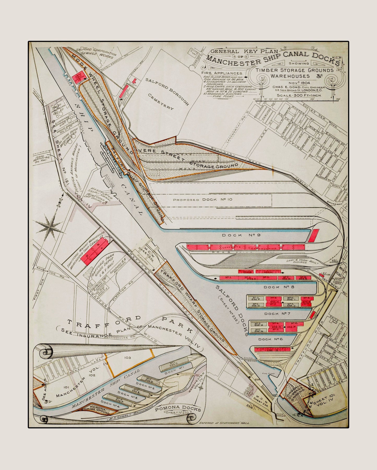 Manchester Ship Canal Docks Map dated 1904 - Antique Reproduction - Dockyard Map - Manchester History - Salford - Available Framed