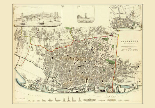 Liverpool in 1836 Map - Antique Reproduction with inset Historical Maps - Lighthouse - City Plan - Available Framed