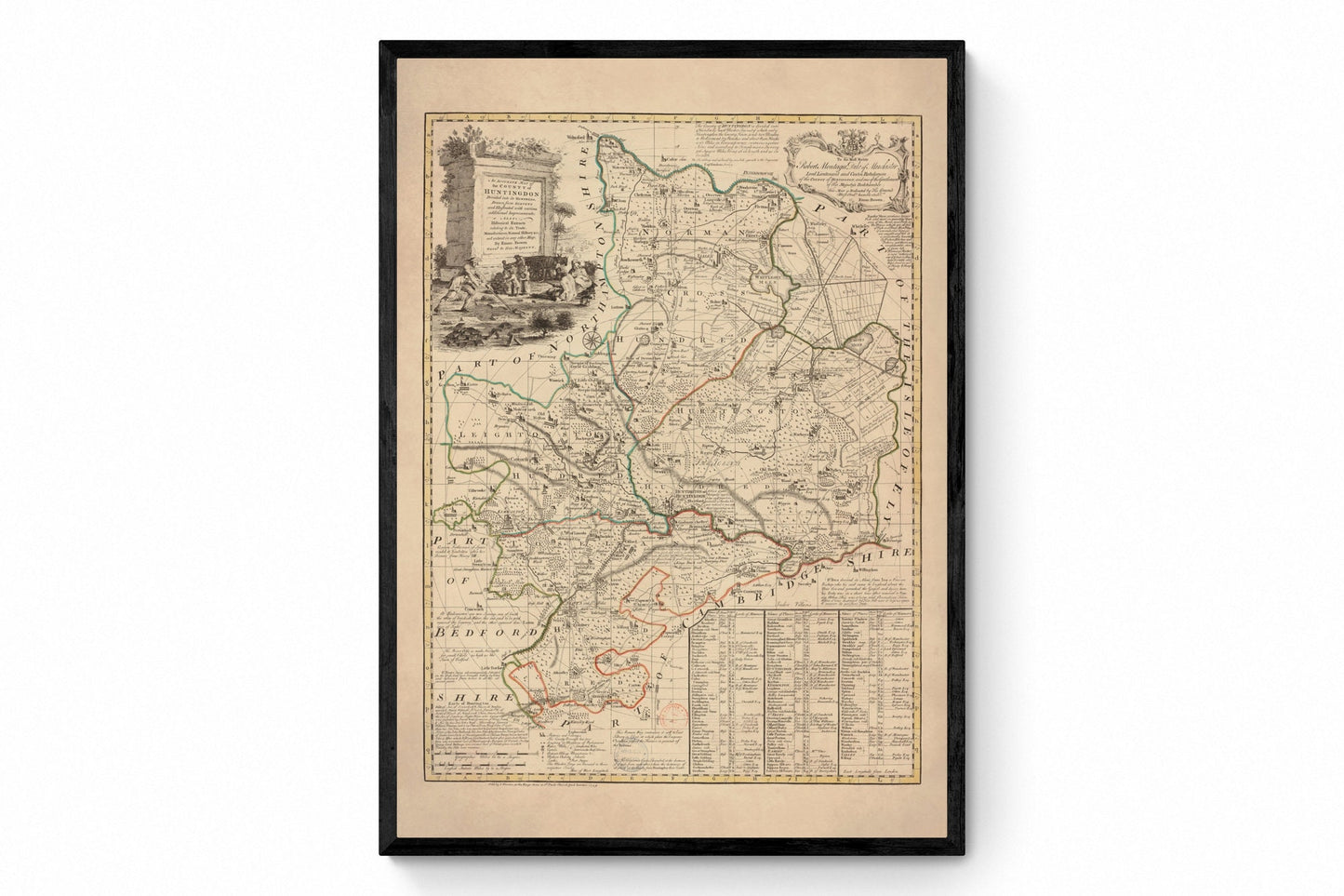 Huntingdon Map dated 1749 - Antique Reproduction - Emanuel Bowen - Detailed County Map - Available Framed