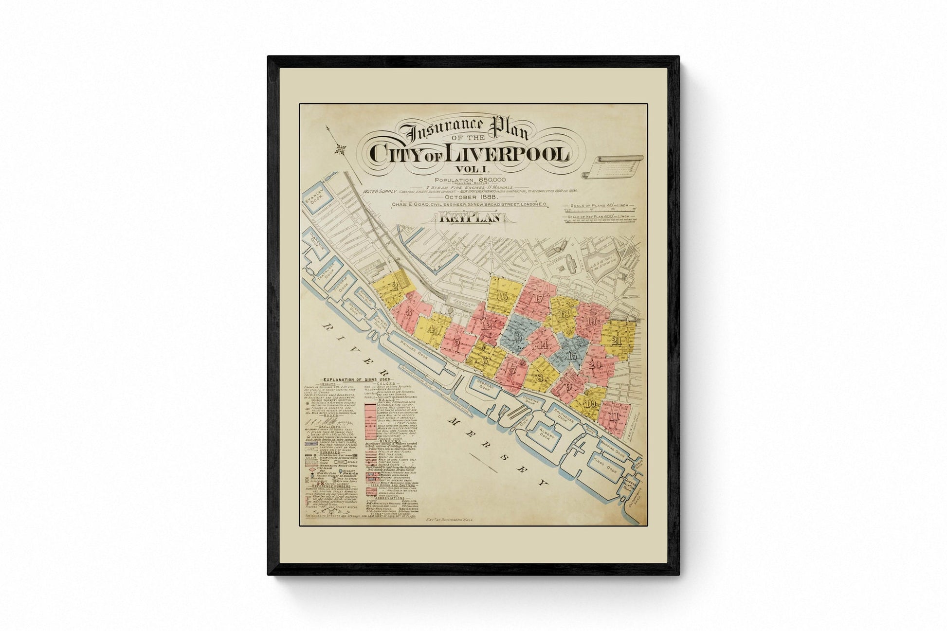 Insurance Plan of the City of Liverpool dated 1888 - Antique Reproduction - Merseyside - Detailed Industrial Map - Available Framed