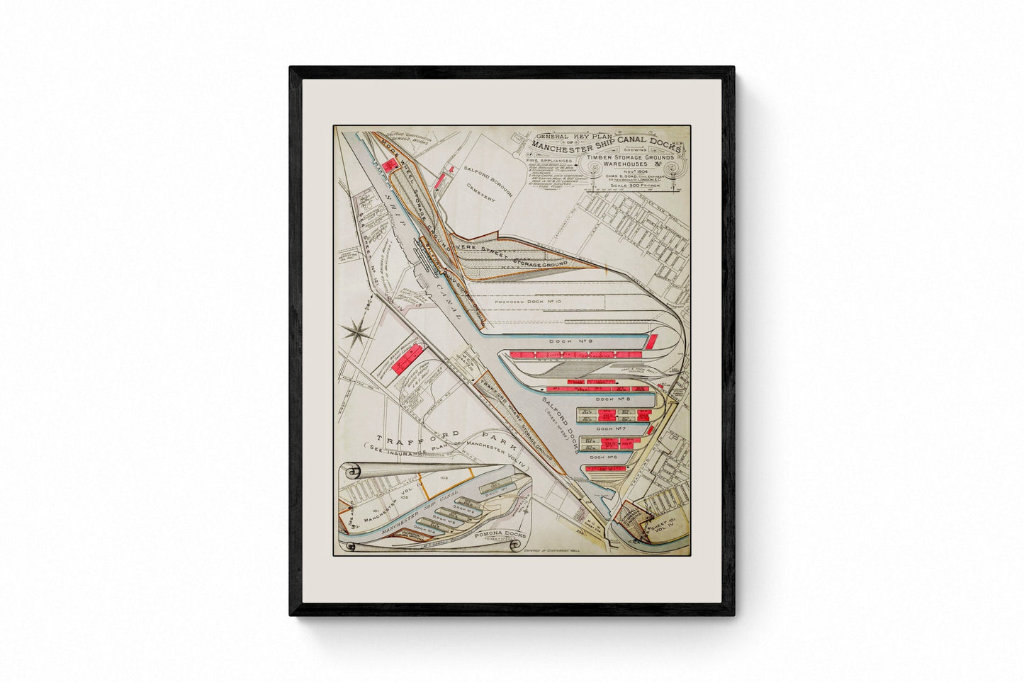 Manchester Ship Canal Docks Map dated 1904 - Antique Reproduction - Dockyard Map - Manchester History - Salford - Available Framed