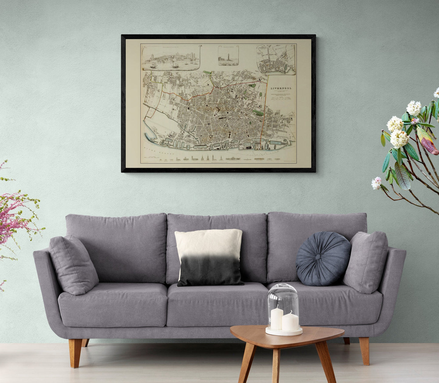 Liverpool in 1836 Map - Antique Reproduction with inset Historical Maps - Lighthouse - City Plan - Available Framed