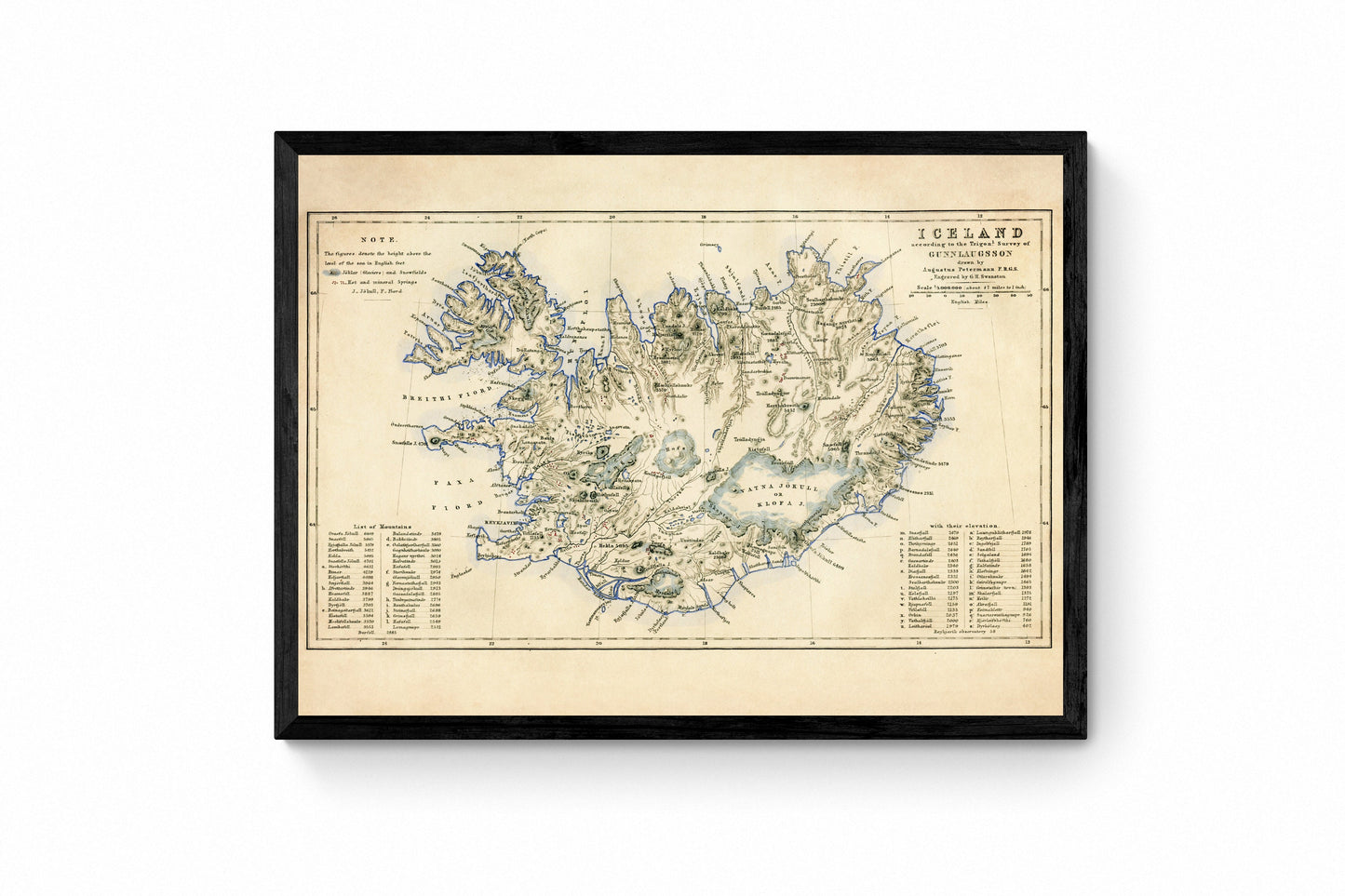 Iceland Map with Glaciers, Snowfields, Hotsprings, Mineral Springs, Mountains