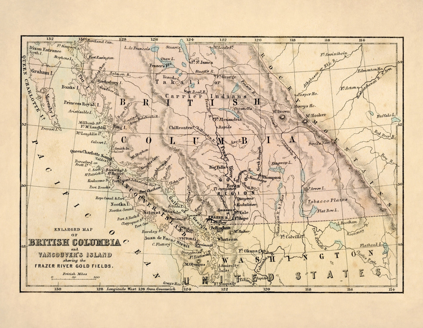 British Columbia and Vancouver Island showing the Frazer River Goldfields Map - Antique Reproduction - Canada - Available Framed