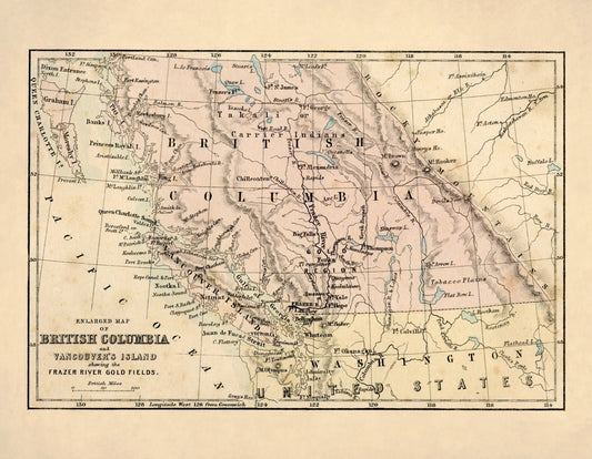 British Columbia and Vancouver Island showing the Frazer River Goldfields Map - Antique Reproduction - Canada - Available Framed