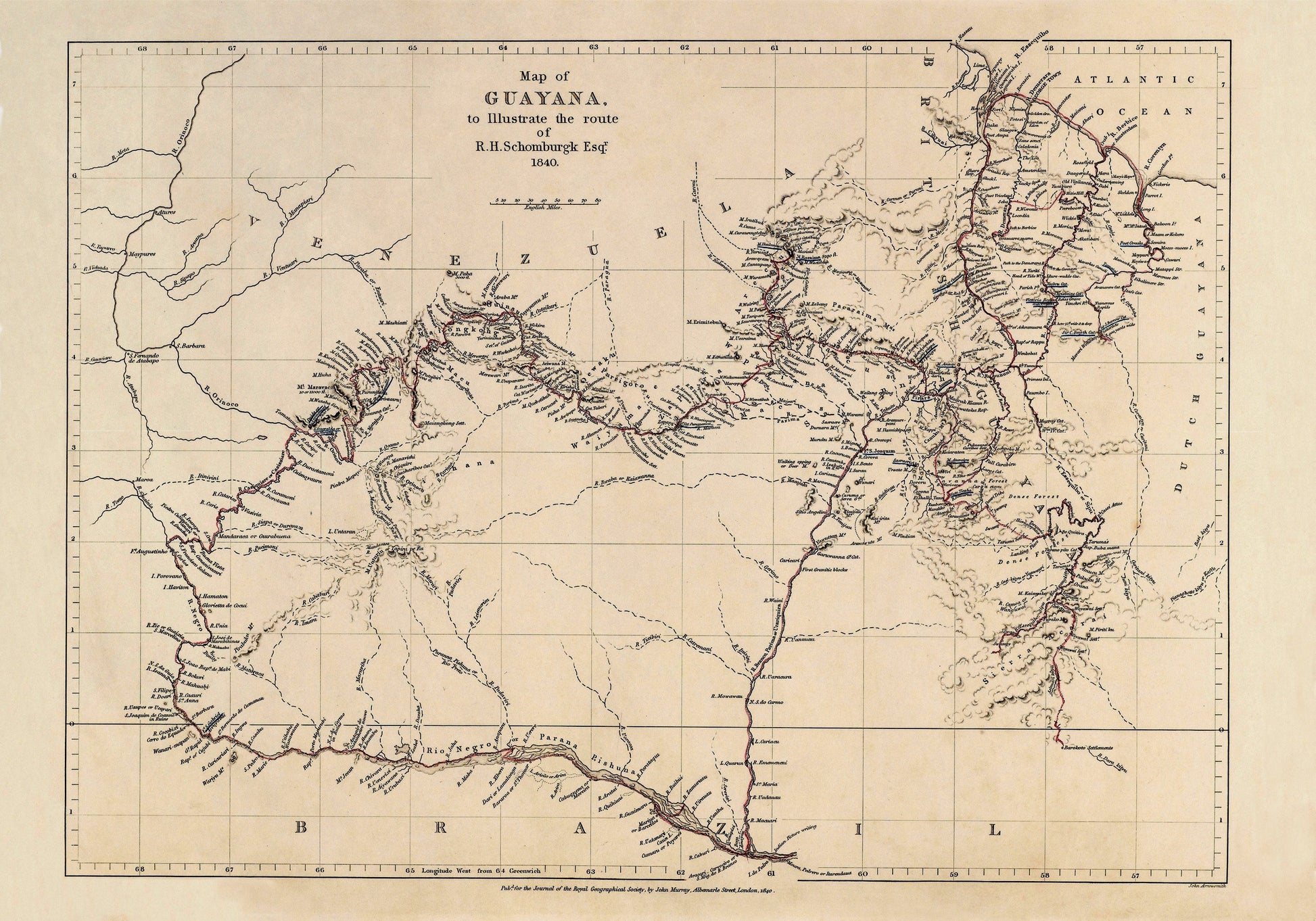 Map of Guyana to illustrate the route of R.H. Schlomburgk Esq. 1840 Map - Antique Reproduction - South America - Available Framed