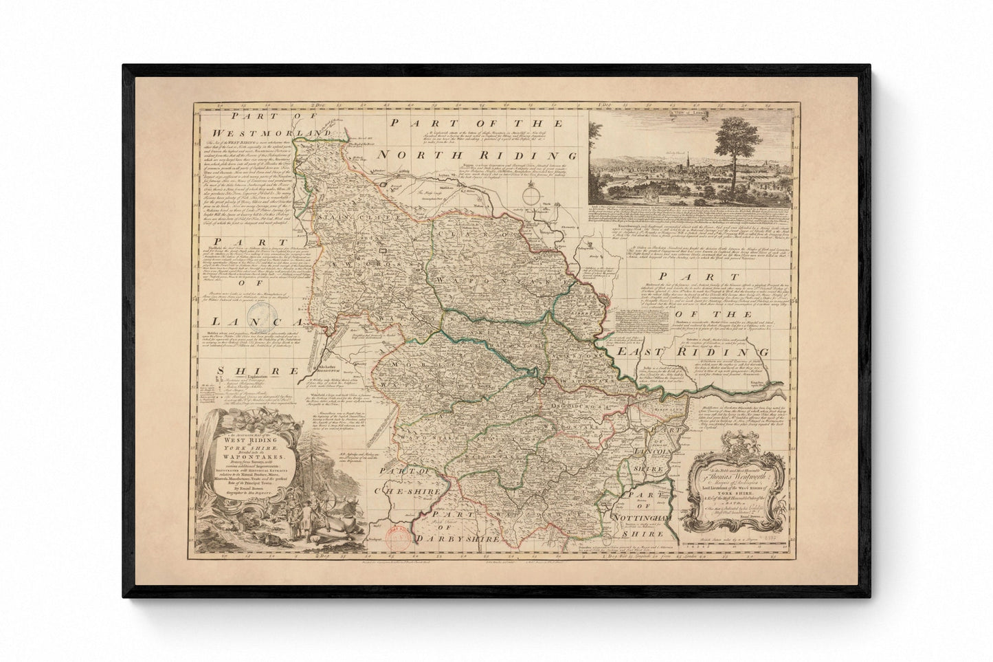 Yorkshire (West Riding) Map dated 1749 - Antique Reproduction - Emanuel Bowen - Detailed County Map - Available Framed