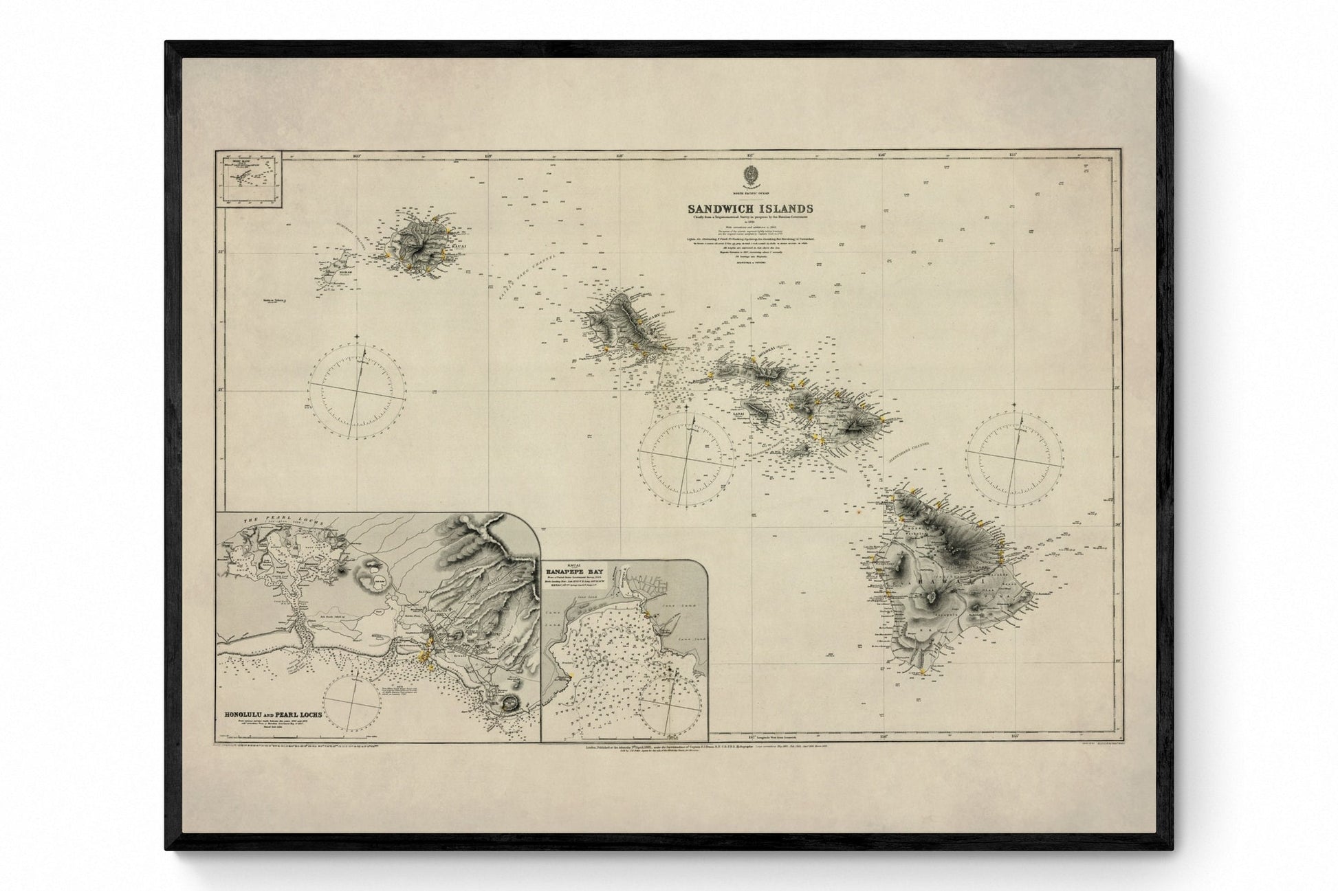 Hawaii Admiralty Map dated 1885 - Sandwich Islands - Antique Reproduction - Honolulu and Pearl Lochs - Hanapepe Bay - Available Framed