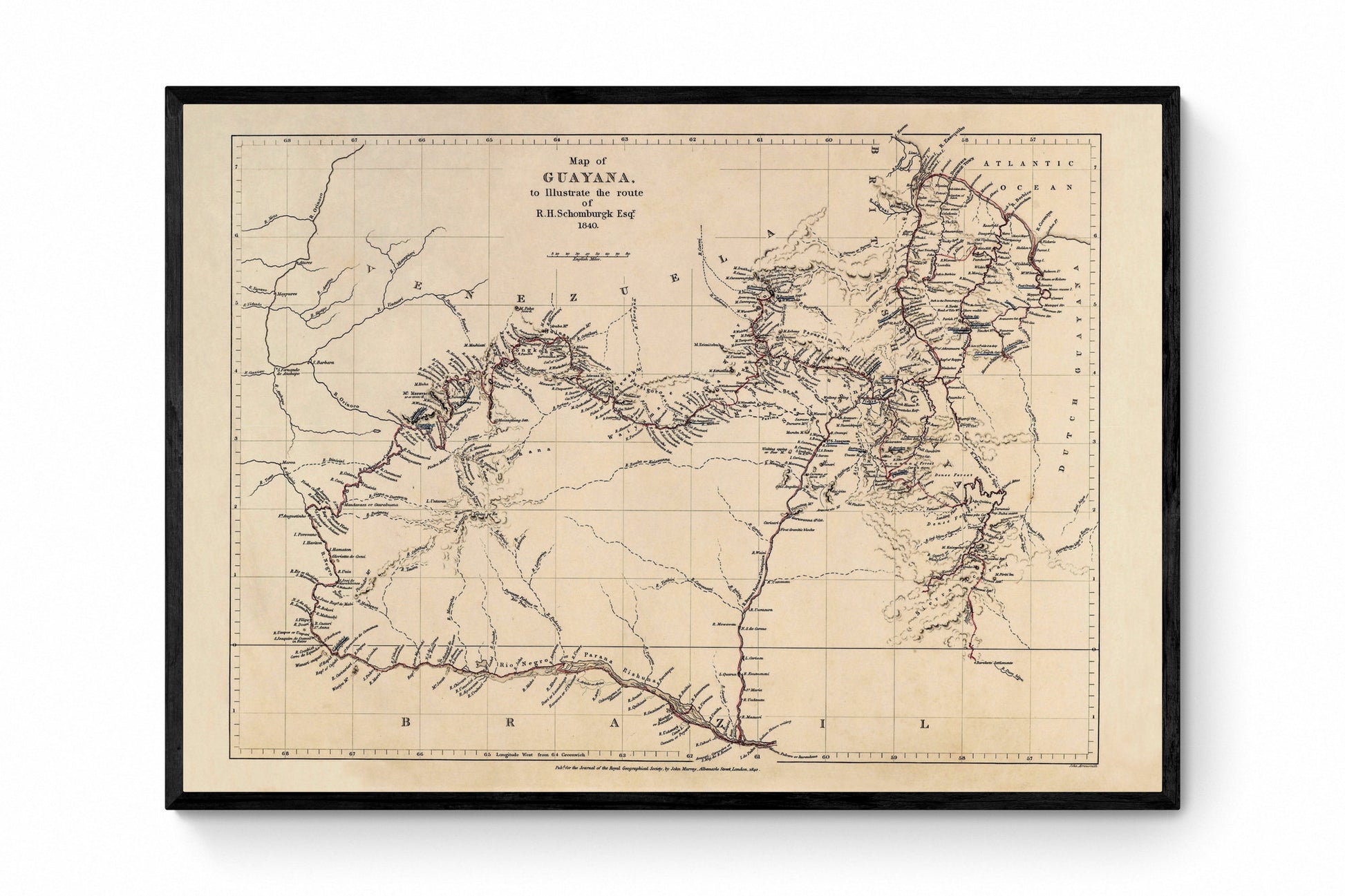 Map of Guyana to illustrate the route of R.H. Schlomburgk Esq. 1840 Map - Antique Reproduction - South America - Available Framed