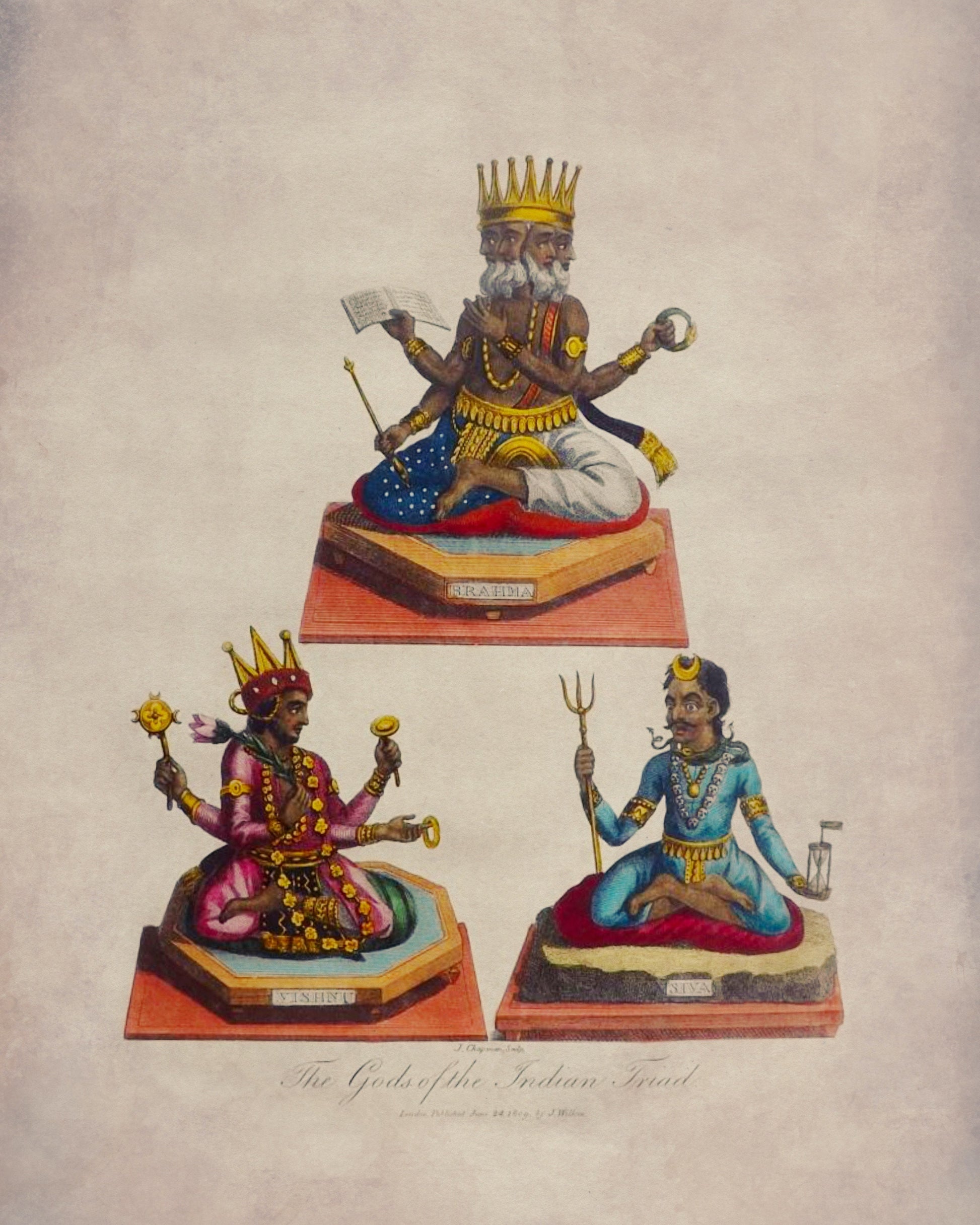 Trimurti - Brahma, Vishnu, Shiva - The Gods of the India Triad Print - dated 1809 - Antique Reproduction - Hinduism - Available Framed