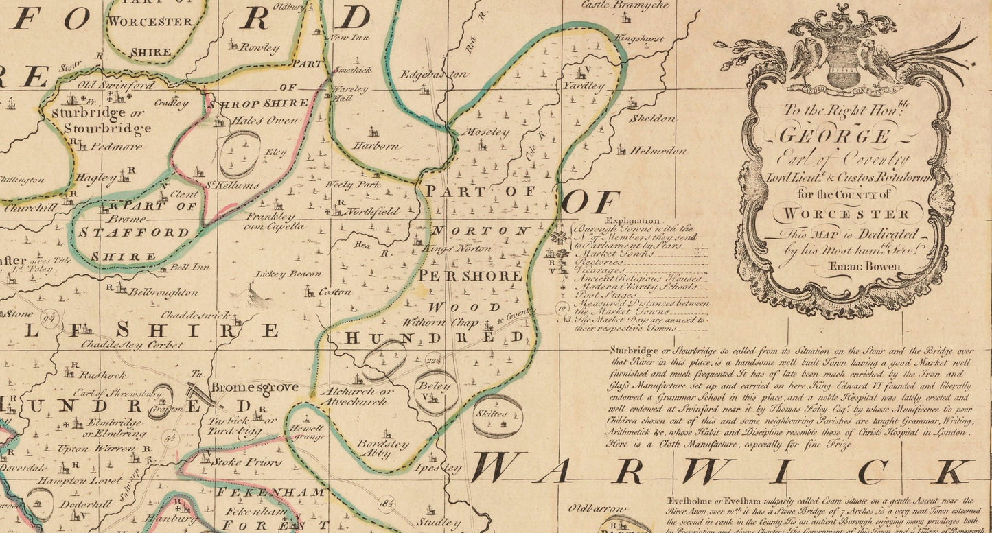 Worcestershire Map dated 1756 - Antique Reproduction - Emanuel Bowen - Detailed County Map - Available Framed