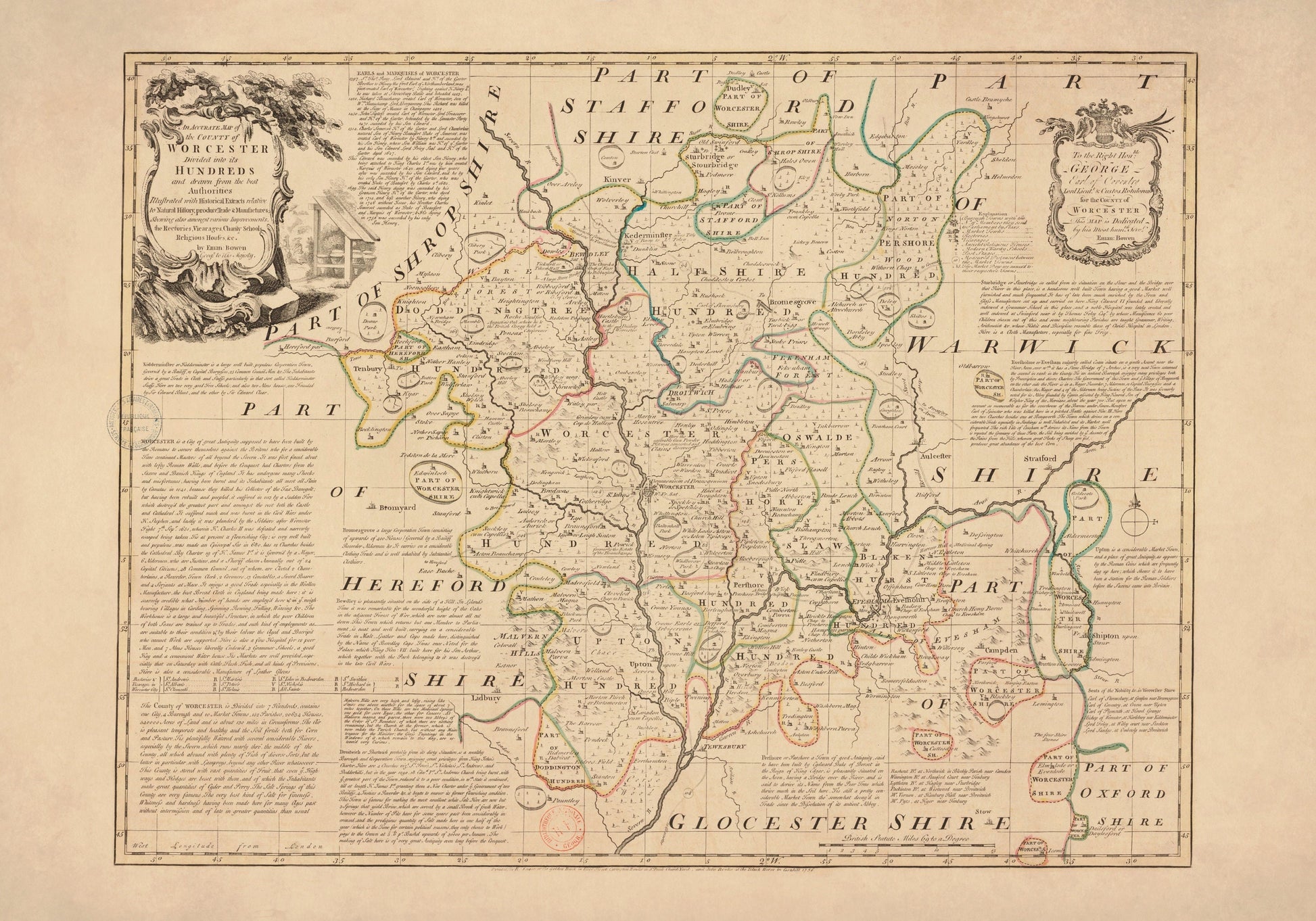 Worcestershire Map dated 1756 - Antique Reproduction - Emanuel Bowen - Detailed County Map - Available Framed