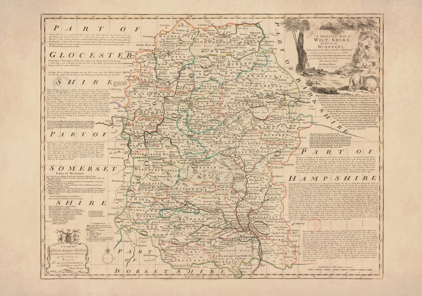 Wiltshire Map dated 1750 - Antique Reproduction - Emanuel Bowen - Detailed County Map - Available Framed