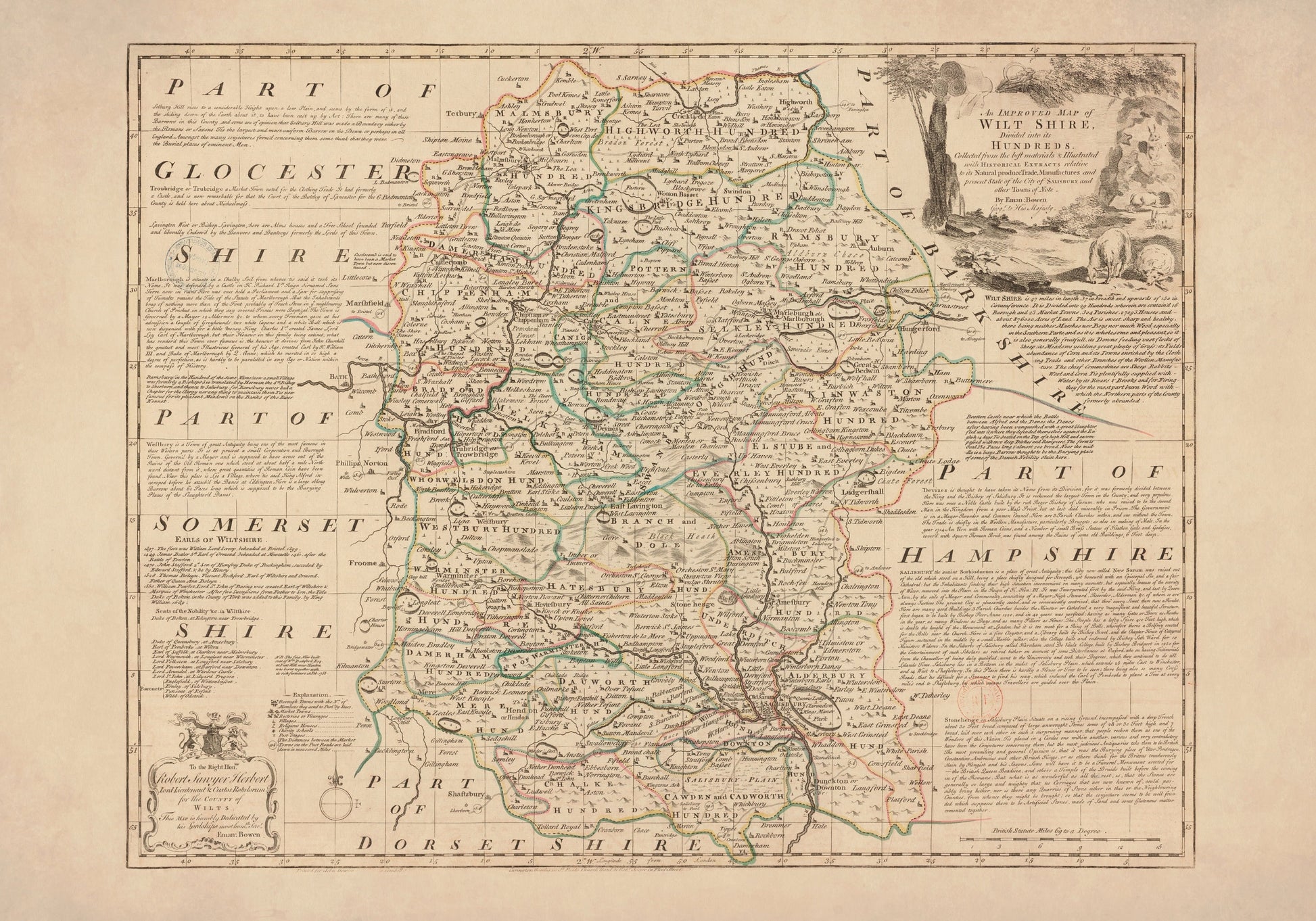 Wiltshire Map dated 1750 - Antique Reproduction - Emanuel Bowen - Detailed County Map - Available Framed