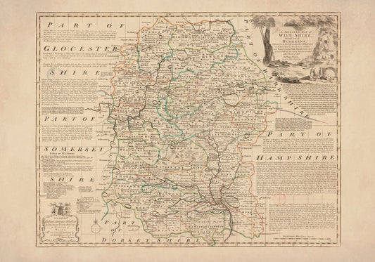 Wiltshire Map dated 1750 - Antique Reproduction - Emanuel Bowen - Detailed County Map - Available Framed