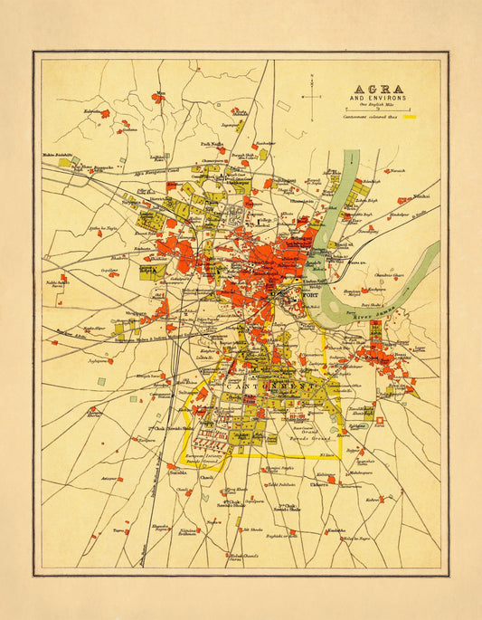 Agra Map - Antique Reproduction - City Plan - India - 1908 Map of Agra - City Map - Available Framed