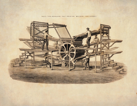 Hoe's Type-Revolving Fast Printing Machine - Antique Art Reproduction - Encyclopaedia Illustration - Victorian Technology - Available Framed