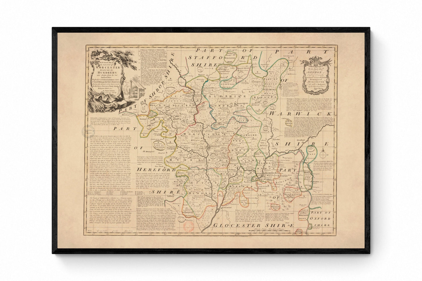 Worcestershire Map dated 1756 - Antique Reproduction - Emanuel Bowen - Detailed County Map - Available Framed