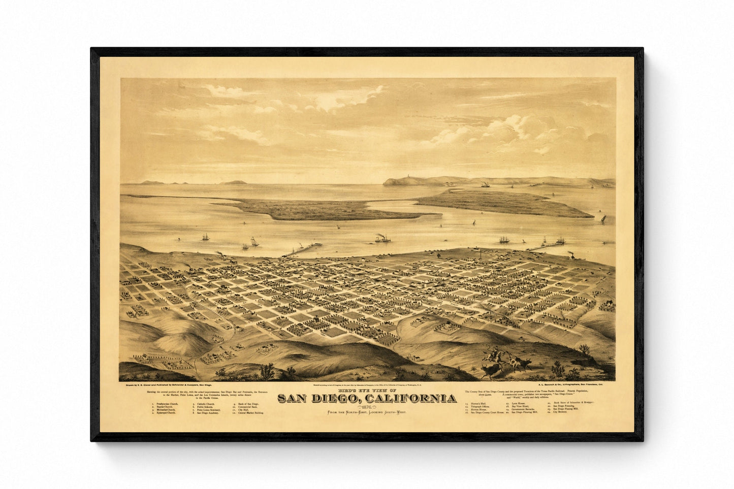 San Diego Birds Eye View Map - Antique Reproduction - Dated 1876 - City Plan - Eli Sheldon Glover - California - Available Framed