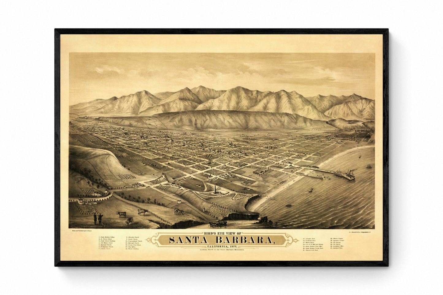 Santa Barbara Birds Eye View Map - Antique Reproduction - Dated 1877 - City Plan - Eli Sheldon Glover - California - Available Framed