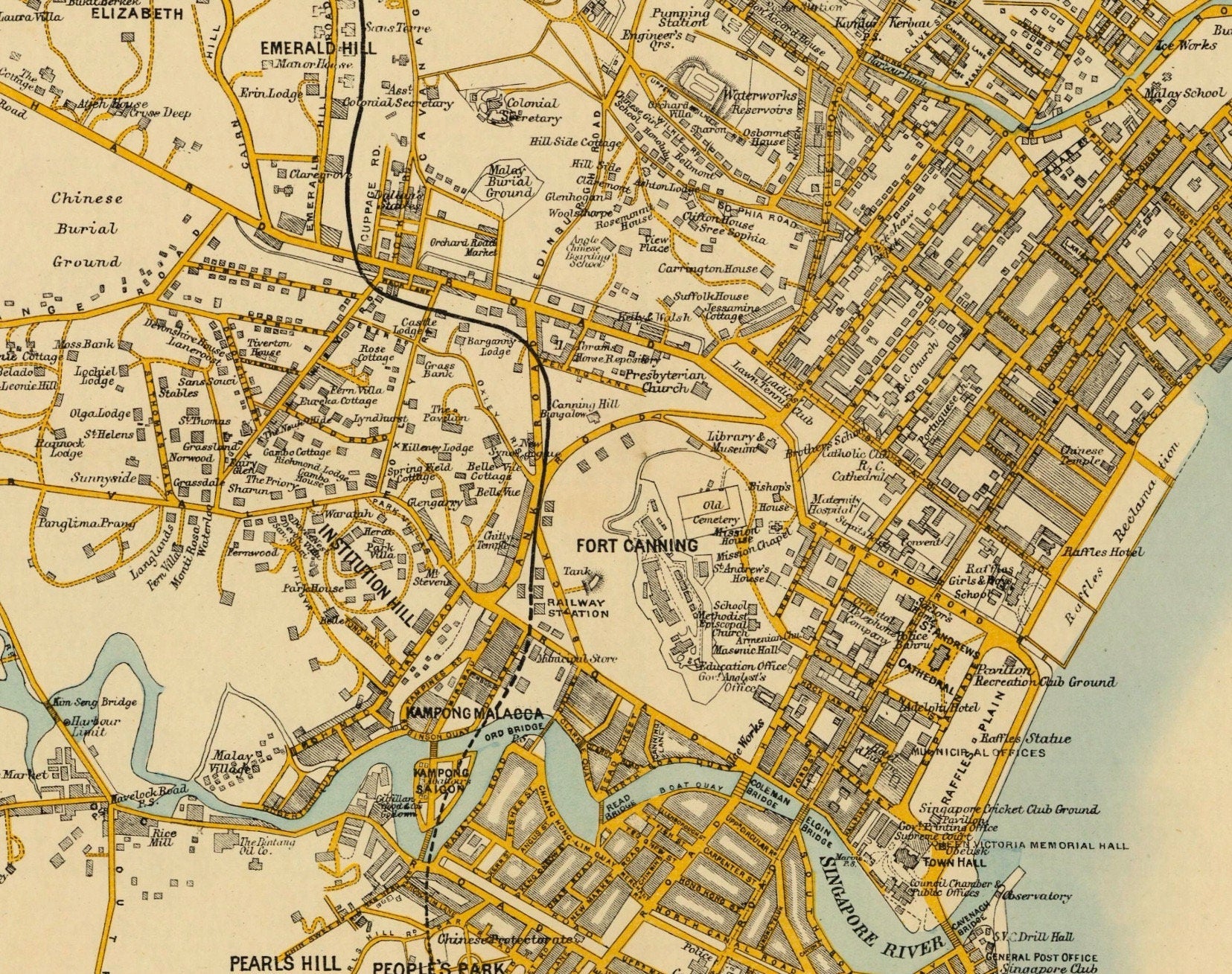 Singapore Map - Antique Reproduction - Dated 1905 - CIty Plan showing  principal residences and places of interest - Available Framed