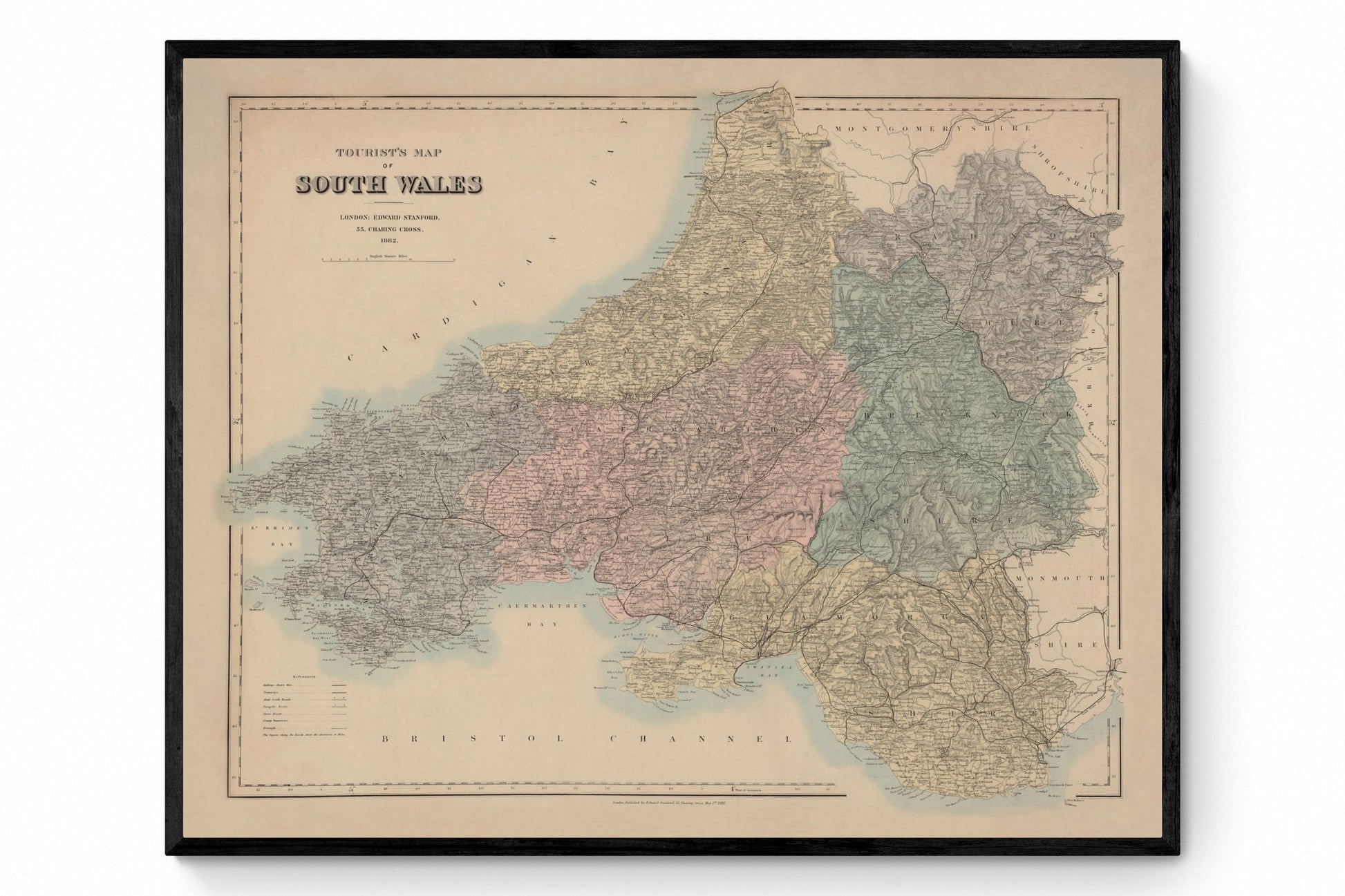 South Wales Map showing Railways, Tramways, Mail Coach Roads, Turnpike Roads - Antique Reproduction - dated 1882 - Available Framed