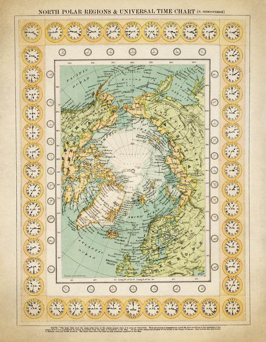 North Polar Regions and Universal Time Chart (Northern Hemisphere) dated 1909 Antique Reproduction - Arctic Exploration - Available Framed