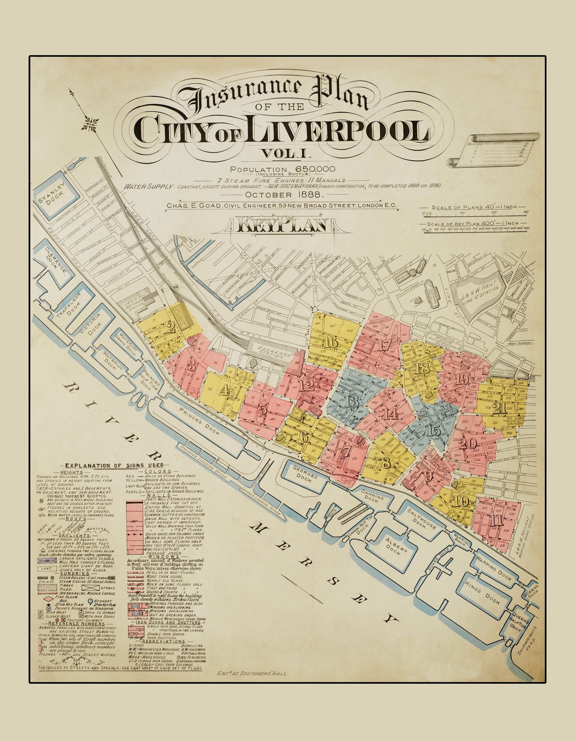 Insurance Plan of the City of Liverpool dated 1888 - Antique Reproduction - Merseyside - Detailed Industrial Map - Available Framed