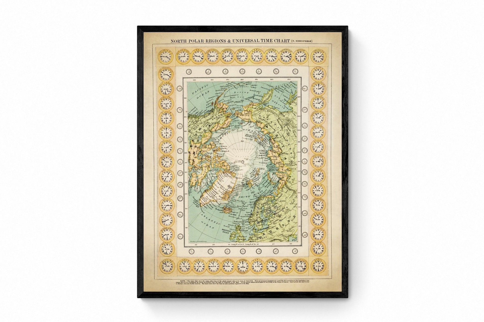 North Polar Regions and Universal Time Chart (Northern Hemisphere) dated 1909 Antique Reproduction - Arctic Exploration - Available Framed