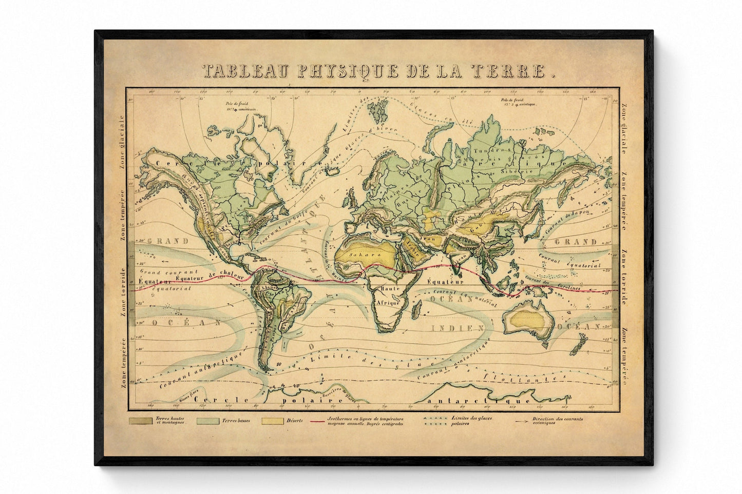 World Map showing Geographical Features, Climates, Ocean Currents - Antique Reproduction - datred 1858 - Large Wall Map - Available Framed