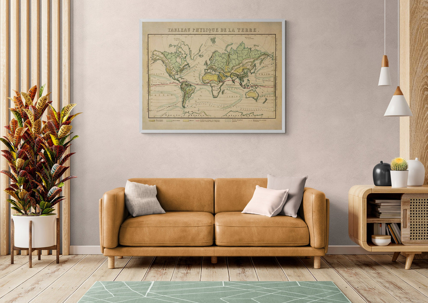 World Map showing Geographical Features, Climates, Ocean Currents - Antique Reproduction - datred 1858 - Large Wall Map - Available Framed