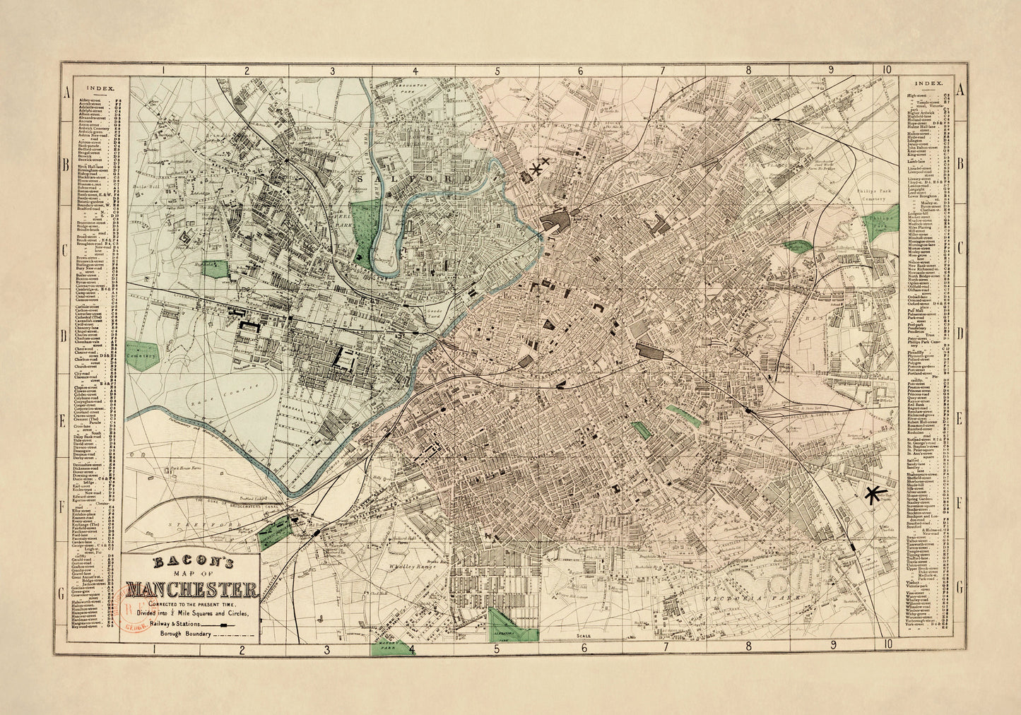 Map of Manchester c.1887- Antique Reproduction Map - City Plan - England - Available Framed