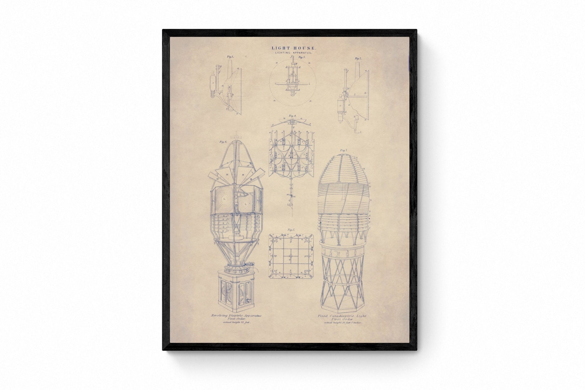 Lighthouse Diagram - Antique Reproduction - Lighting Apparatus - Dioptric and Catadioptric Lights - Nautical Decor - Available Framed