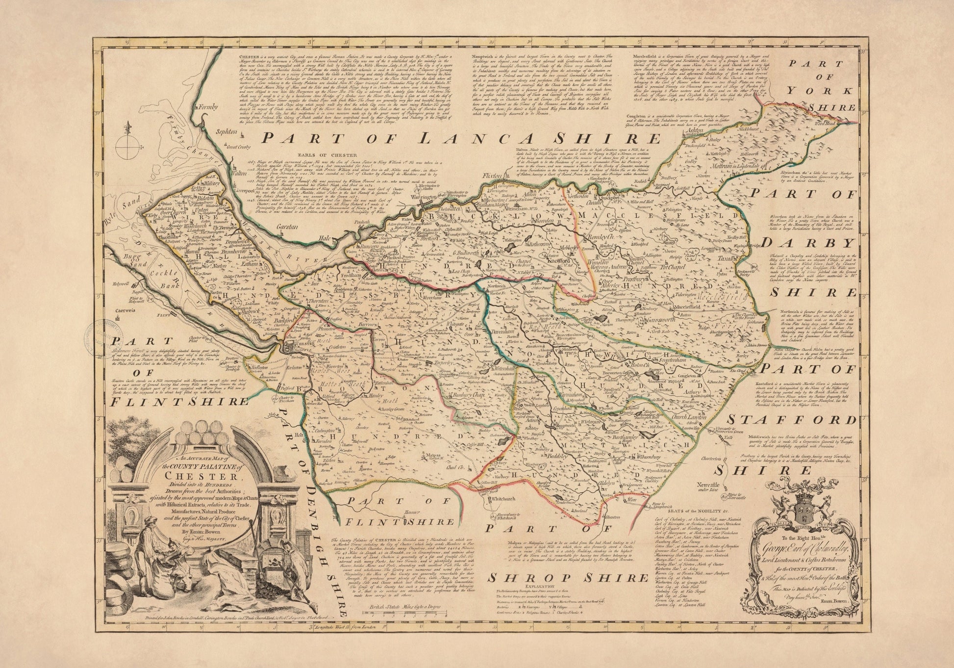 Chester (Cheshire) Map dated 1749 - Antique Reproduction - Emanuel Bowen - Detailed County Map - Available Framed