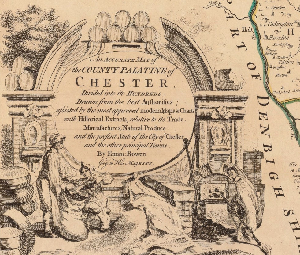 Chester (Cheshire) Map dated 1749 - Antique Reproduction - Emanuel Bowen - Detailed County Map - Available Framed