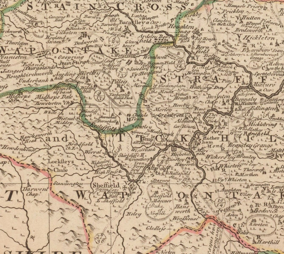 Yorkshire (West Riding) Map dated 1749 - Antique Reproduction - Emanuel Bowen - Detailed County Map - Available Framed